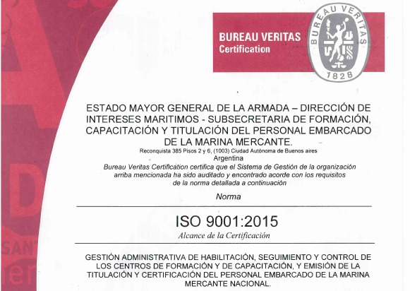 Certificado ISO 9001:2015 emitido a la Armada Argentina por Bureau Veritas